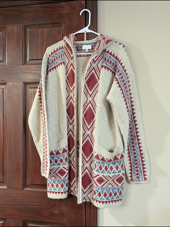 Lucky Brand Sweaters - Lucky Brand Cream Hooded Cardigan with Red & Blue Geometric Pattern